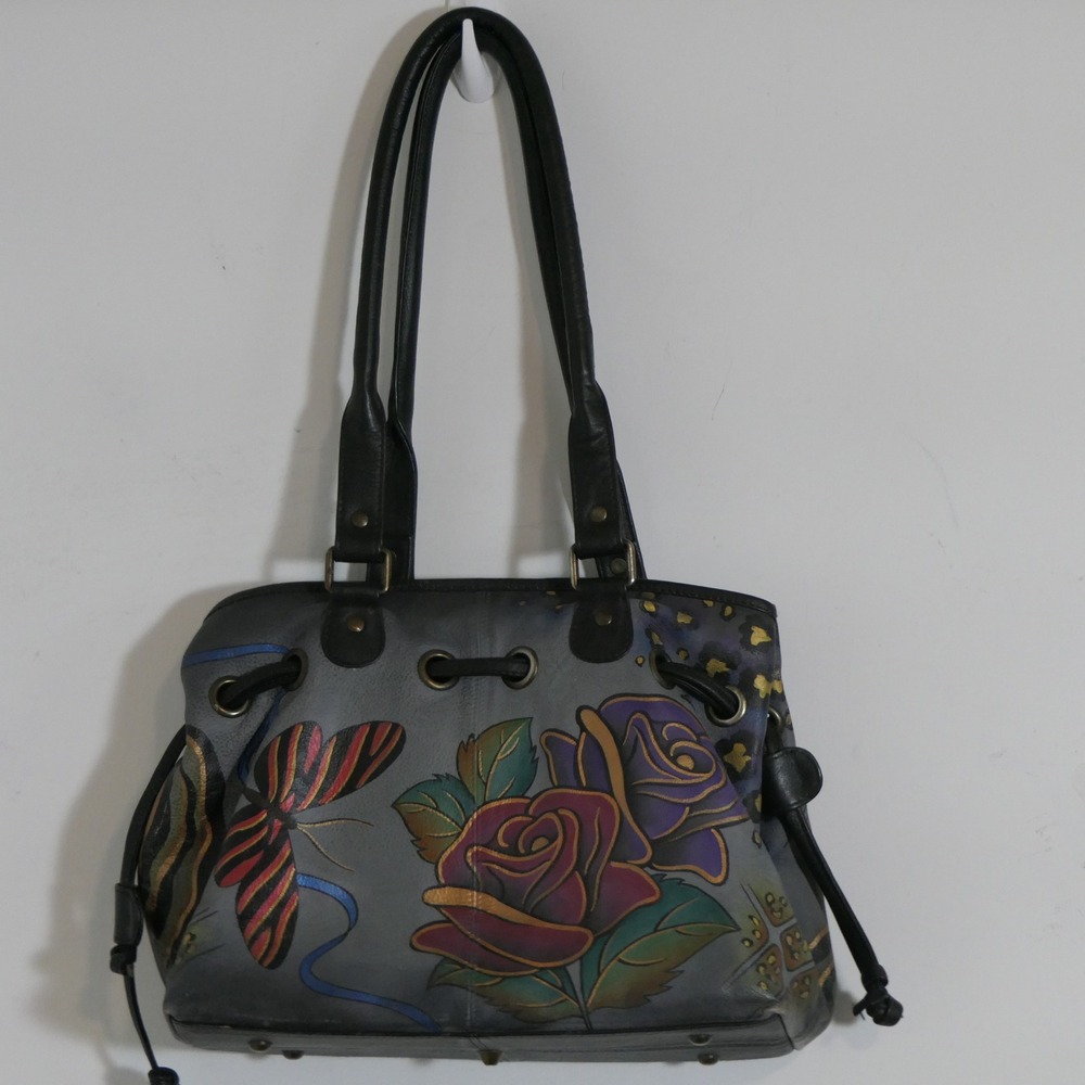 Anuschka Women Shoulder Bag M Grey Hand Painted Leather Rose Butterfly Eclectic